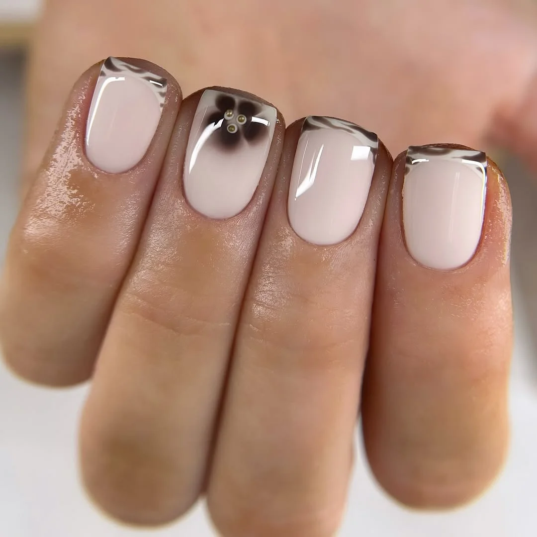 short squoval nails design 2026 Smoky Floral French with Contemporary Elegance