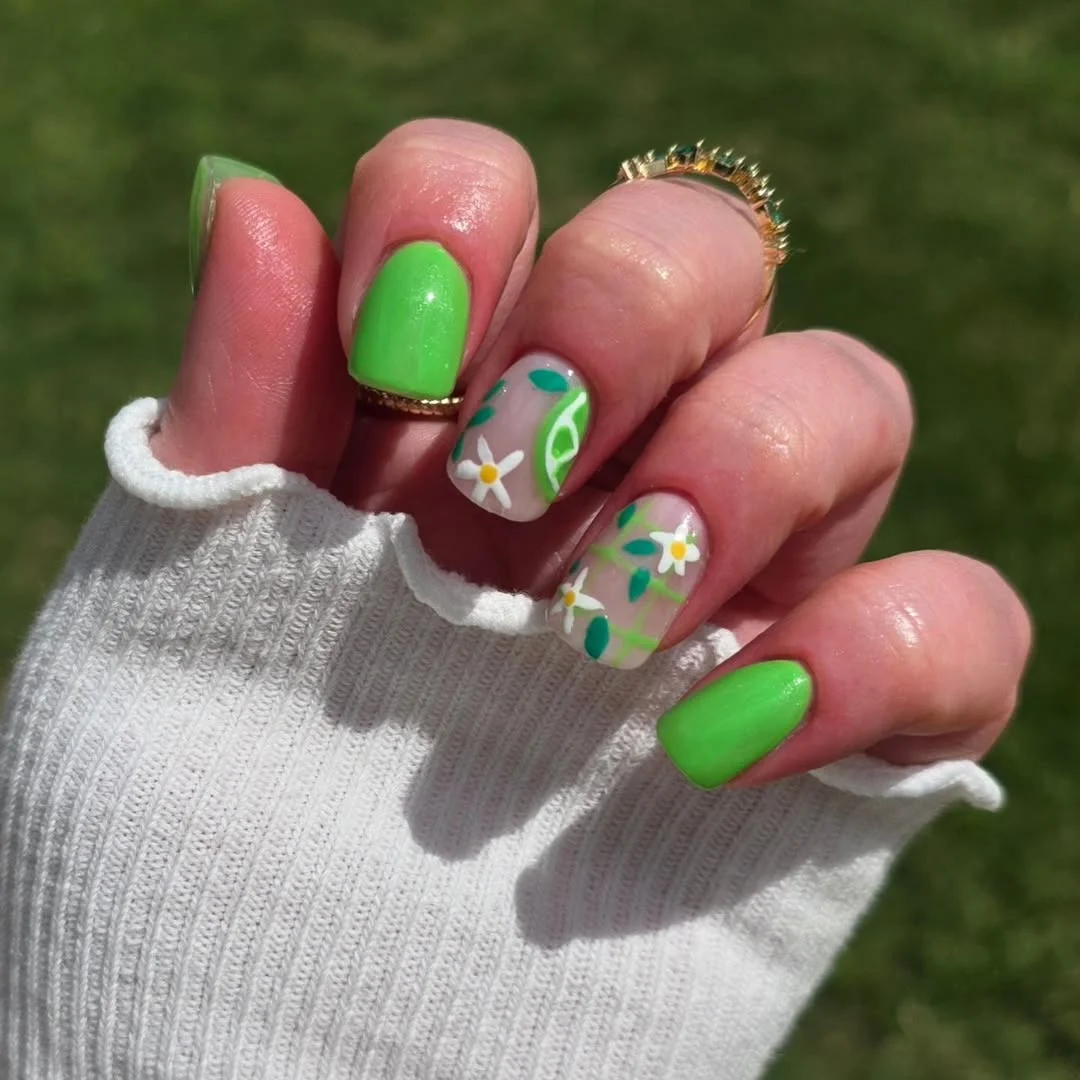 short squoval nails design 2026 Fresh Lime Blossoms for a Bright Summer Mood