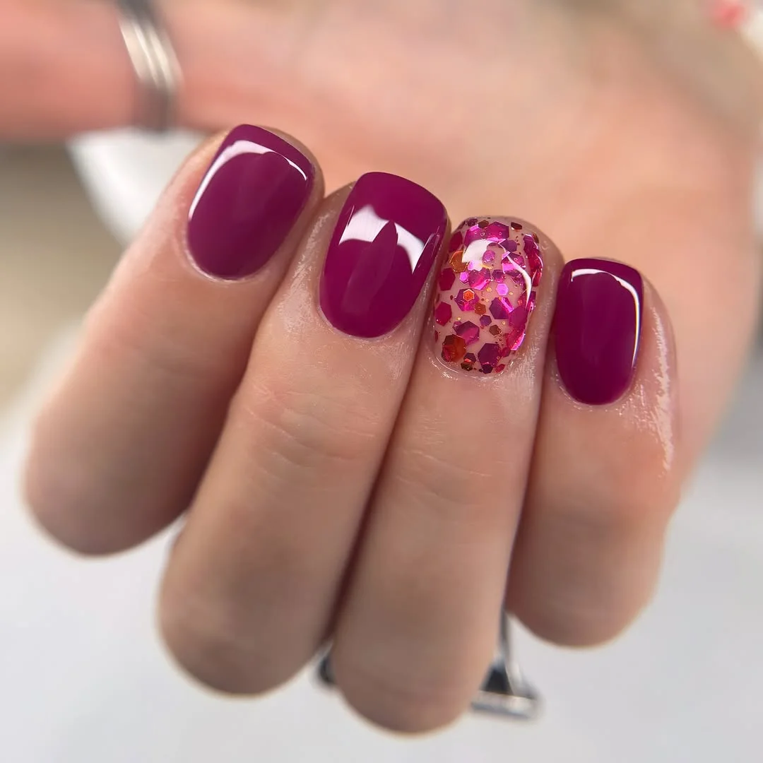 short squoval nails design 2026 Berry Gloss with Statement Glitter Accent