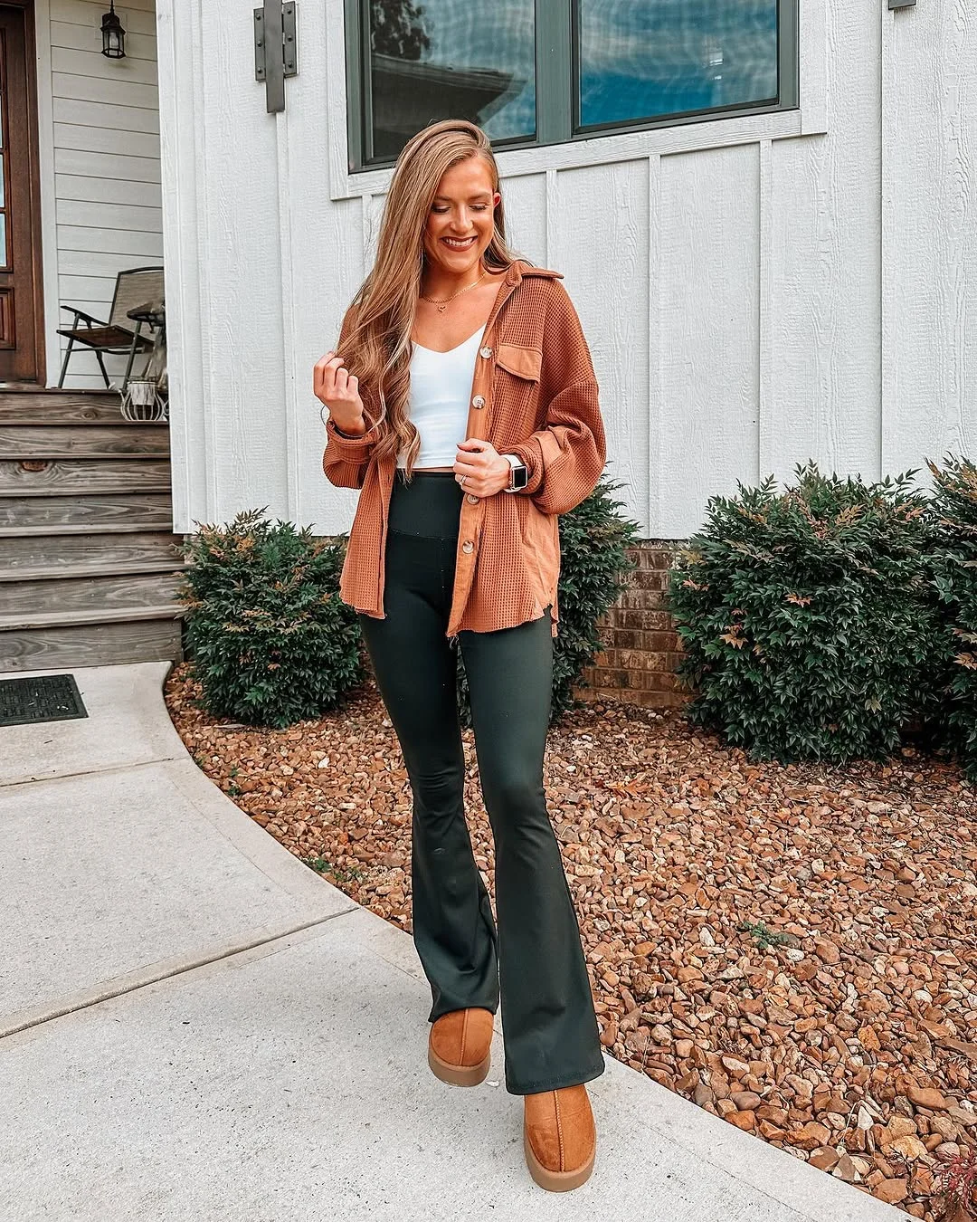 simple fall outfits 2026 Flared Leggings and a Waffle Shacket for Everyday Comfort