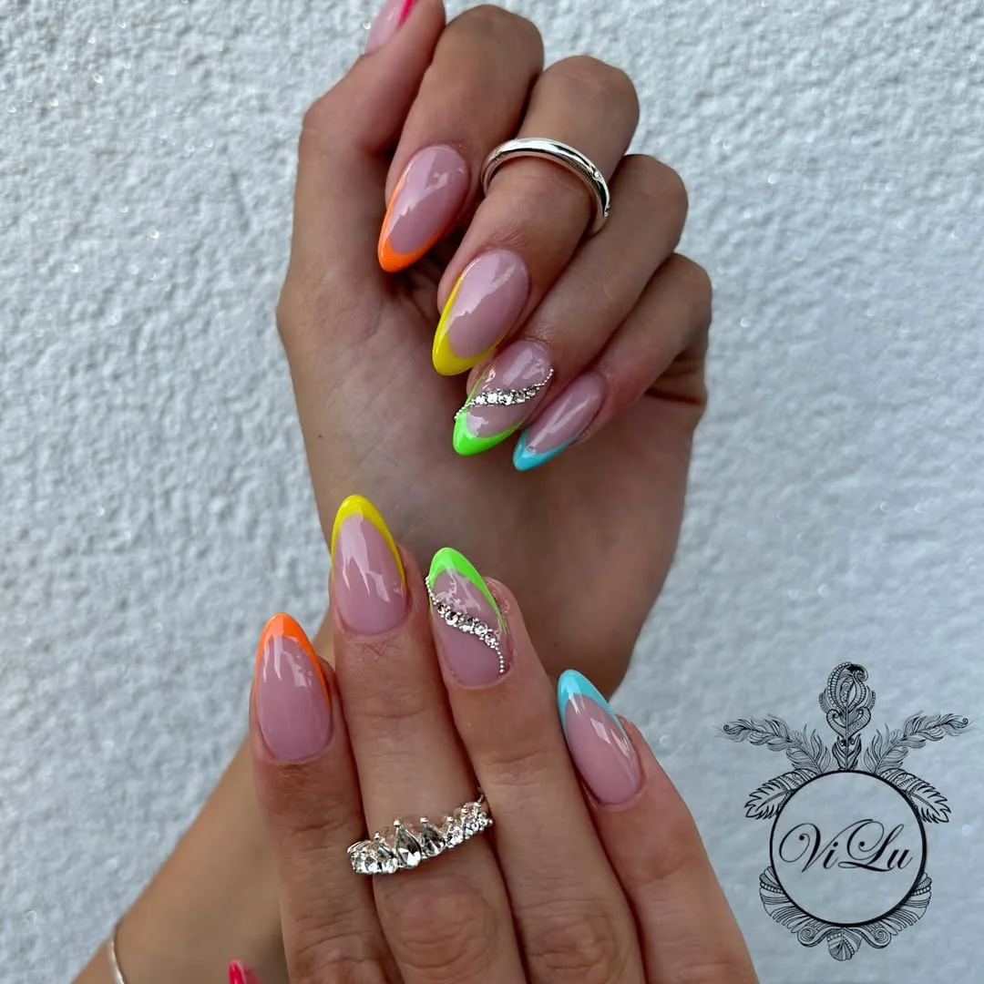 summer glitter nails 2026 Neon French Tips With Crystal Sparkle Accents