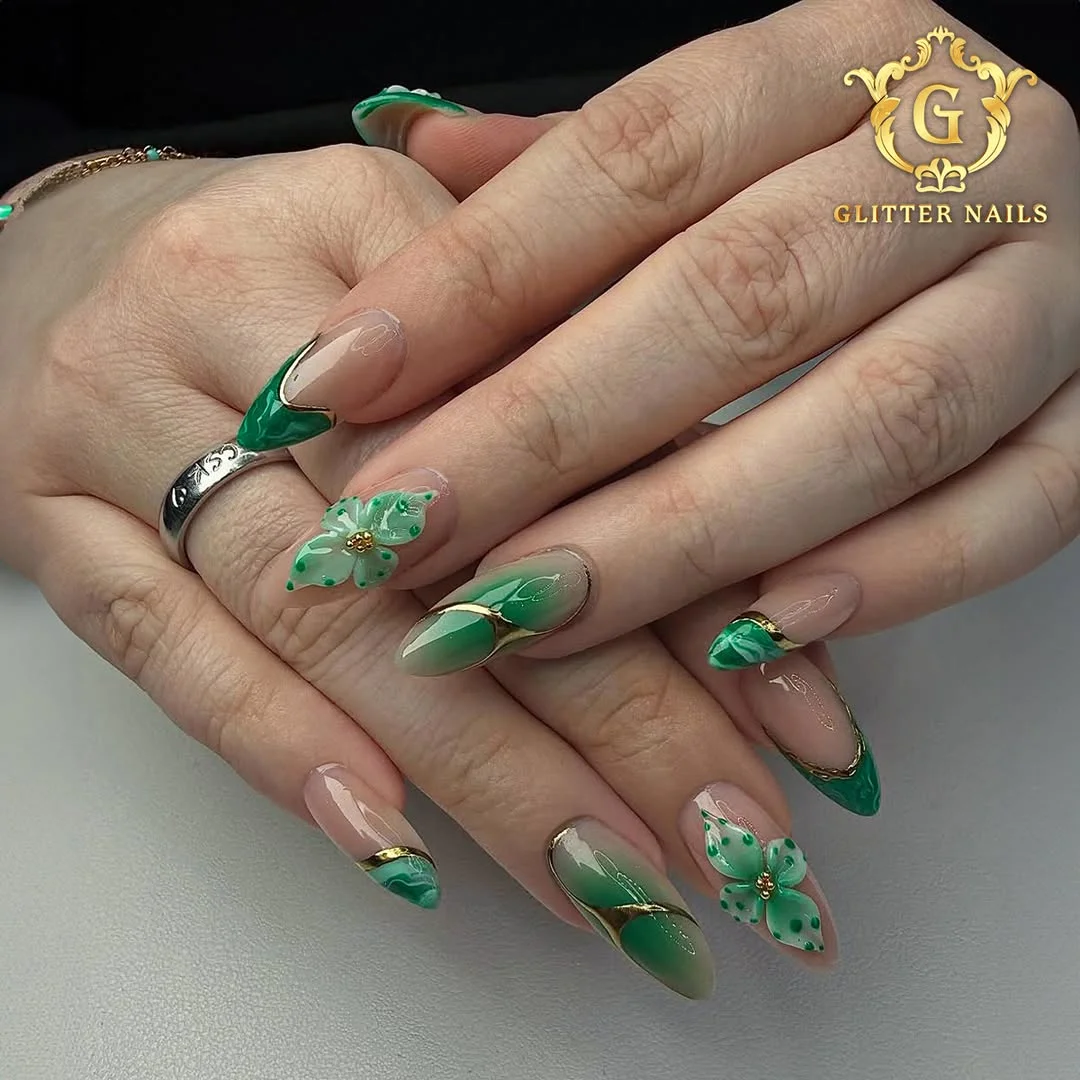 summer glitter nails 2026 Botanical Emerald Bloom Nail Art