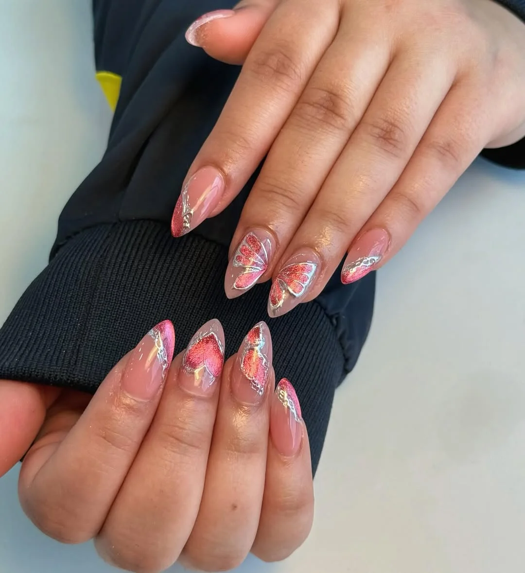 summer glitter nails 2026 Pink Butterfly Wings With Glitter Highlights