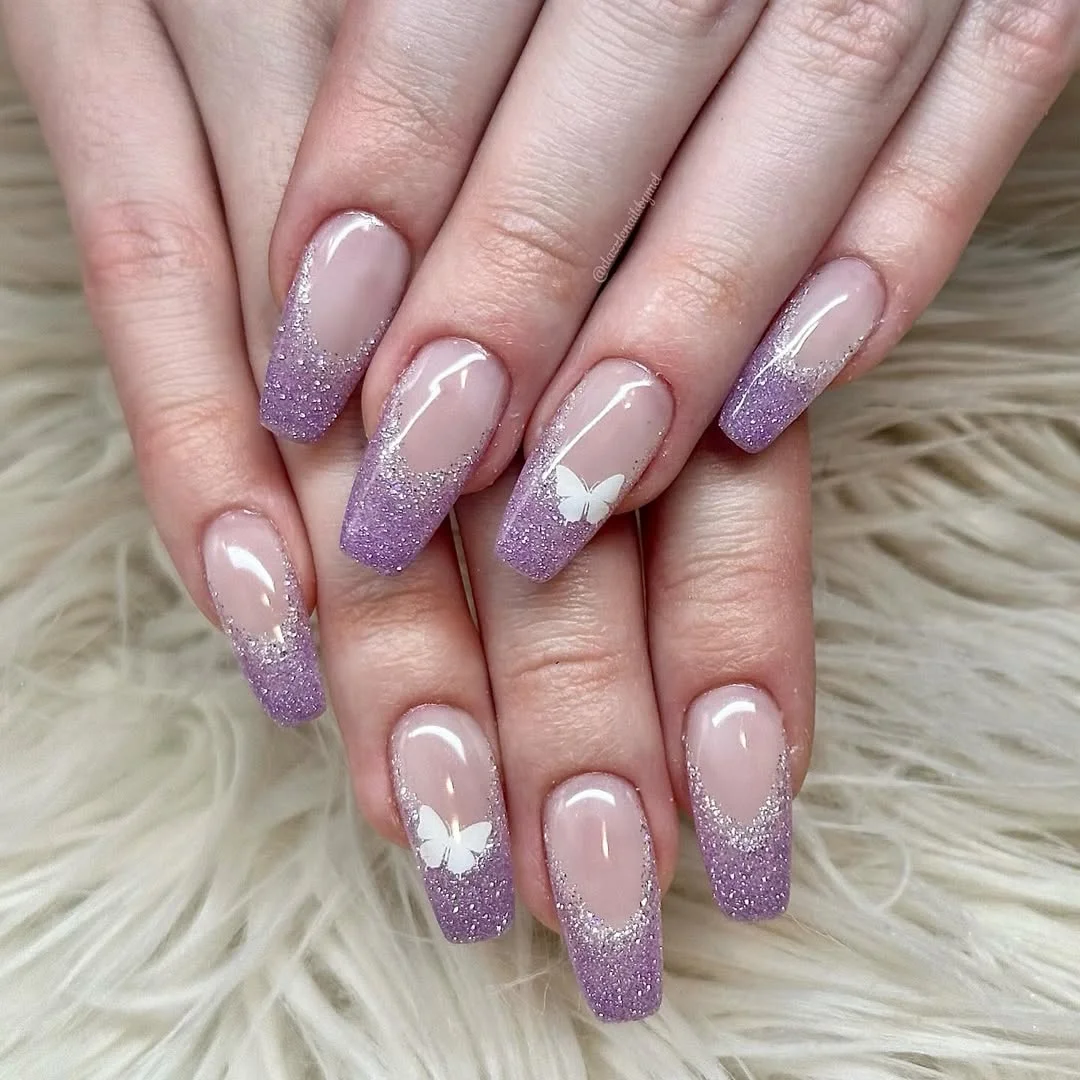 summer glitter nails 2026 Lavender Butterfly Glitter French Elegance