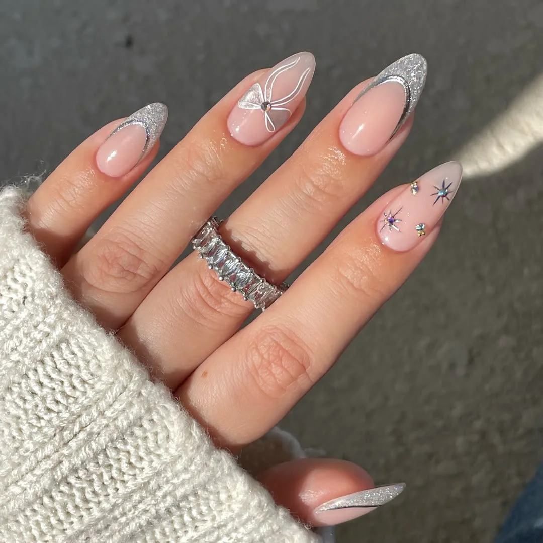 summer glitter nails 2026 Silver Stardust French Tips With Crystal Accents