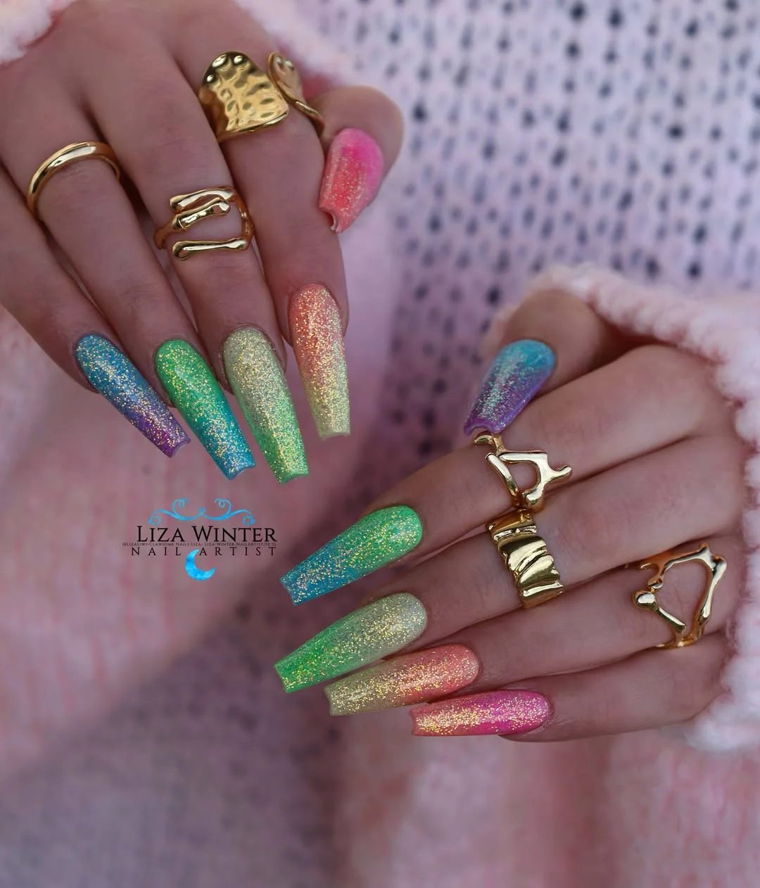 summer glitter nails 2026 Rainbow Sugar Glitter Coffin Nails