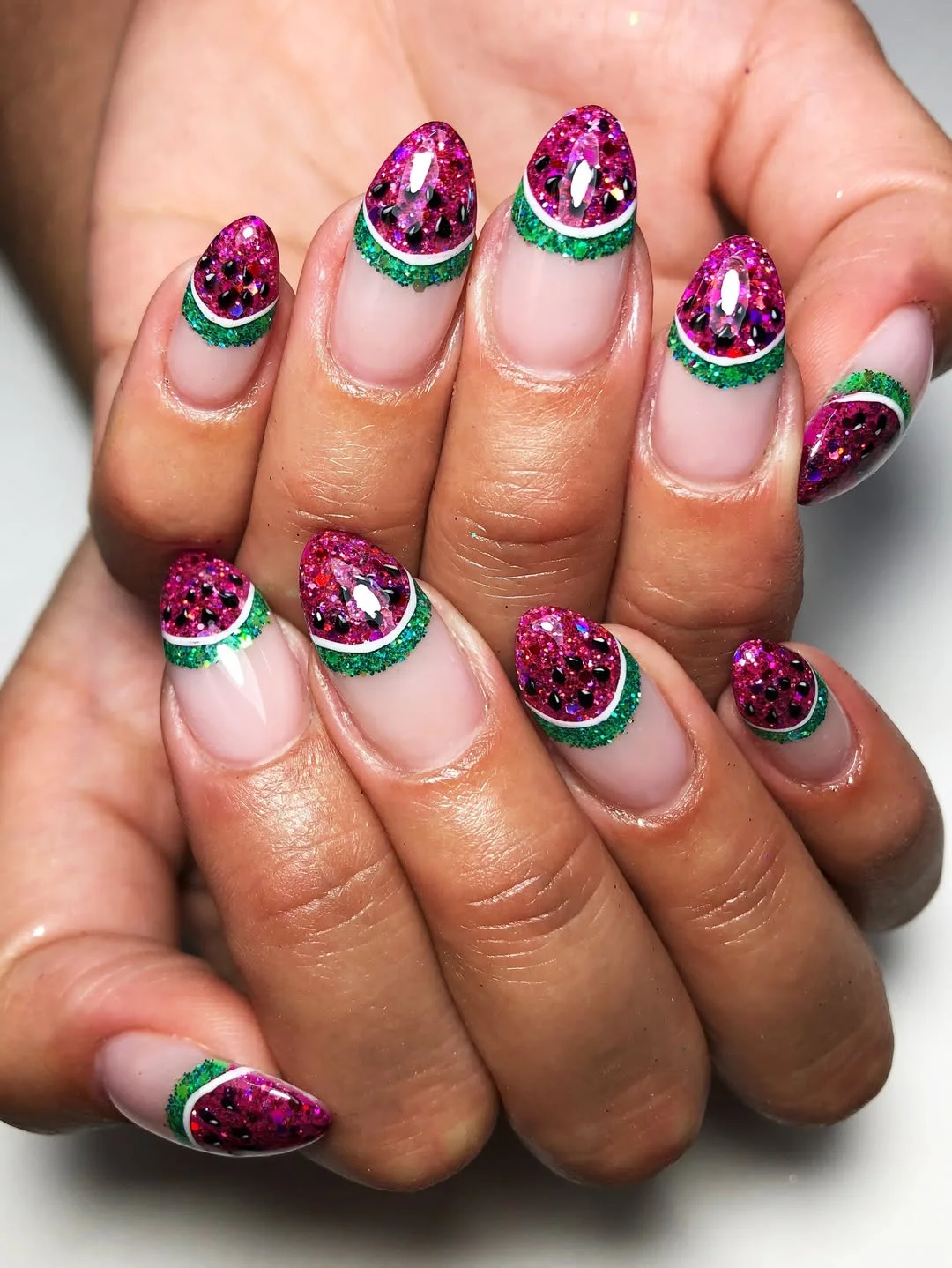 summer glitter nails 2026 Watermelon Glitter French Nail Art