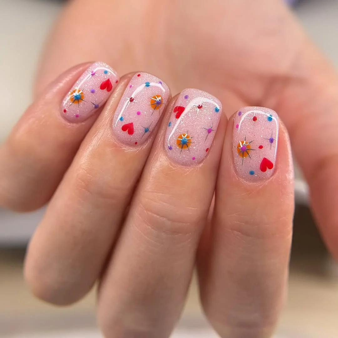 summer glitter nails 2026 Confetti Hearts On Soft Pink Sparkle