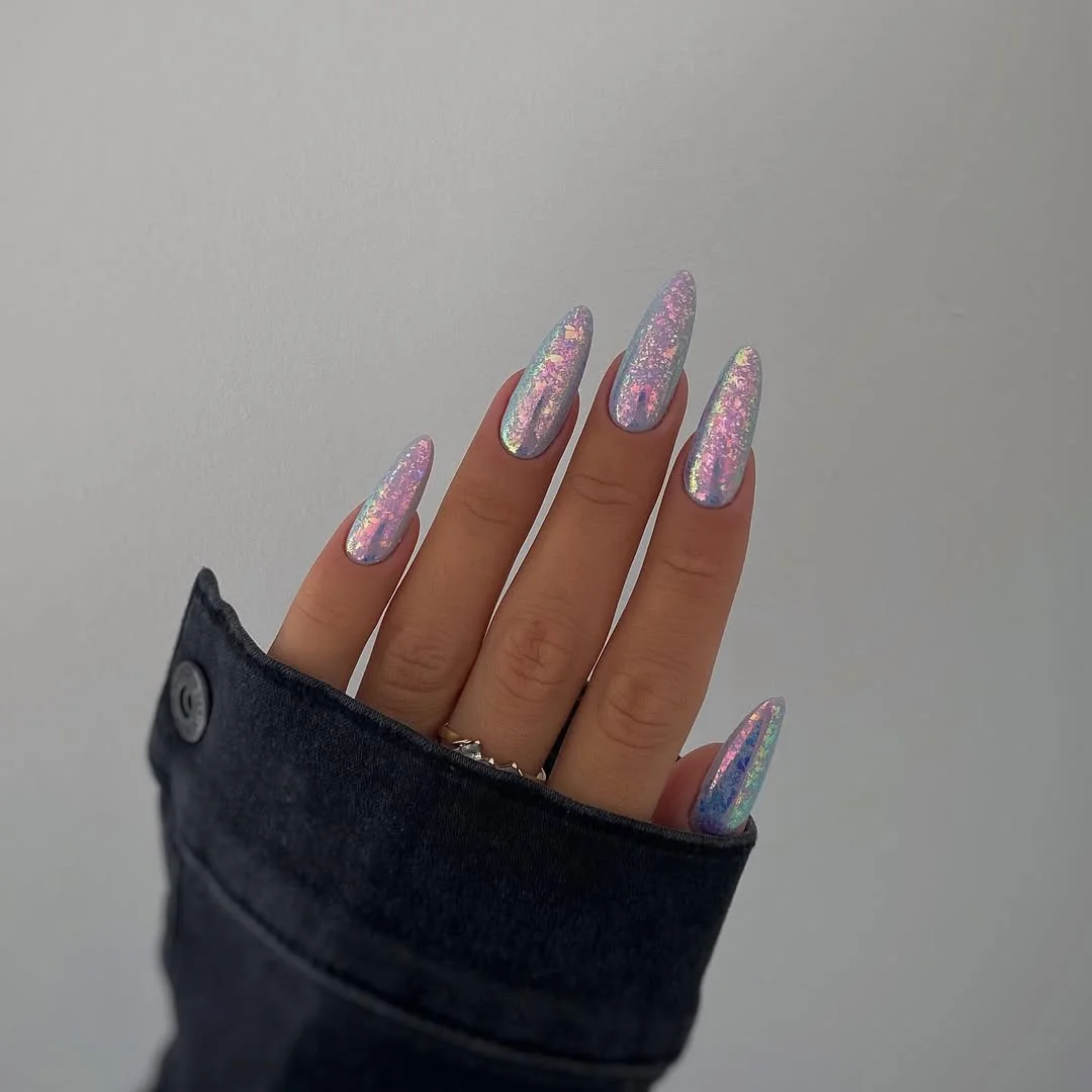 summer glitter nails 2026 Iridescent Unicorn Chrome Glitter Nails