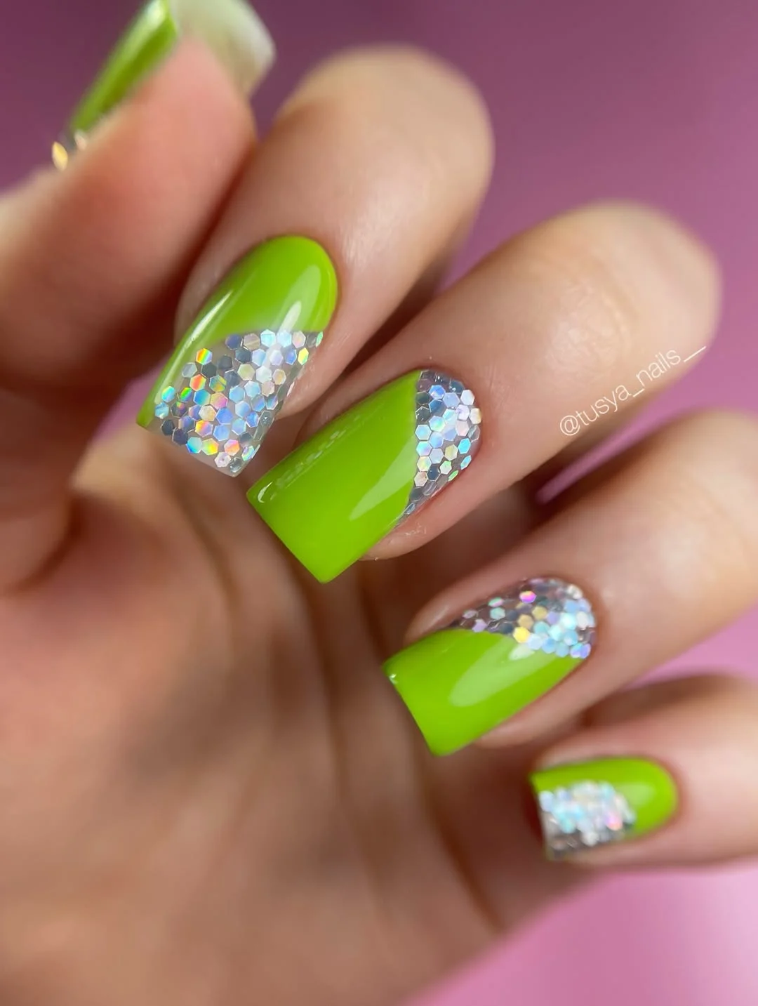summer glitter nails 2026 Lime Pop Glitter Contrast Nails