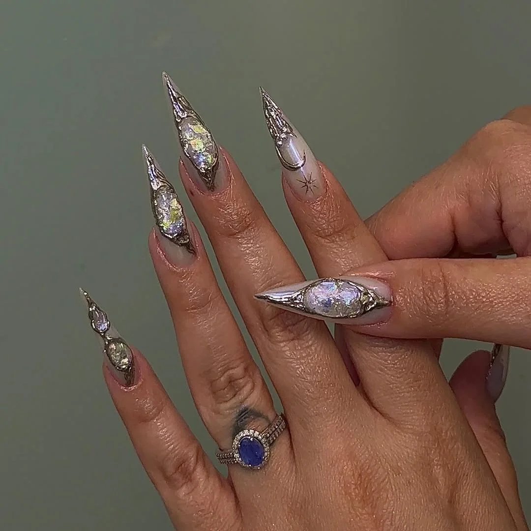 summer glitter nails 2026 Celestial Crystal Armor Stiletto Nails