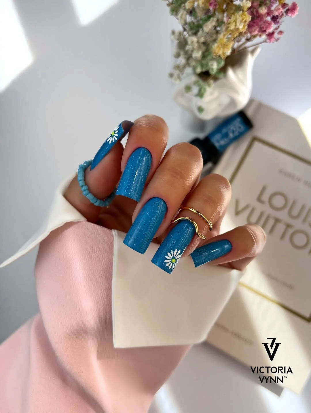 summer nails one color 2026 Cornflower Blue with a Touch of Daisy Charm