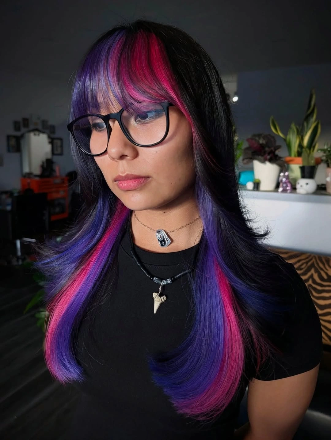 august hairstyles and color ideas 2026 Midnight Violet Layers With Electric Pink Money Pieces