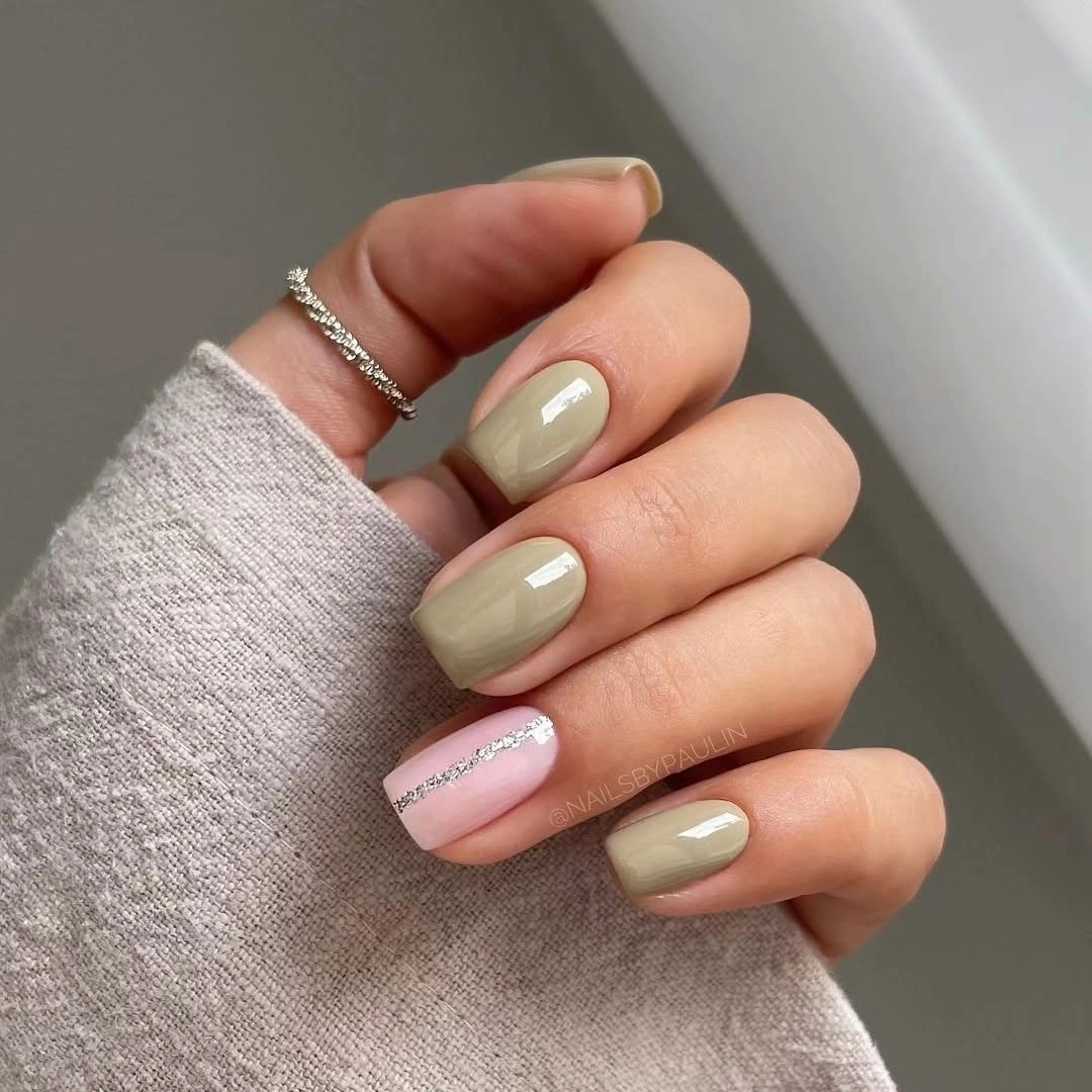 august nails color 2026 Soft Sage Green with a Delicate Silver Accent