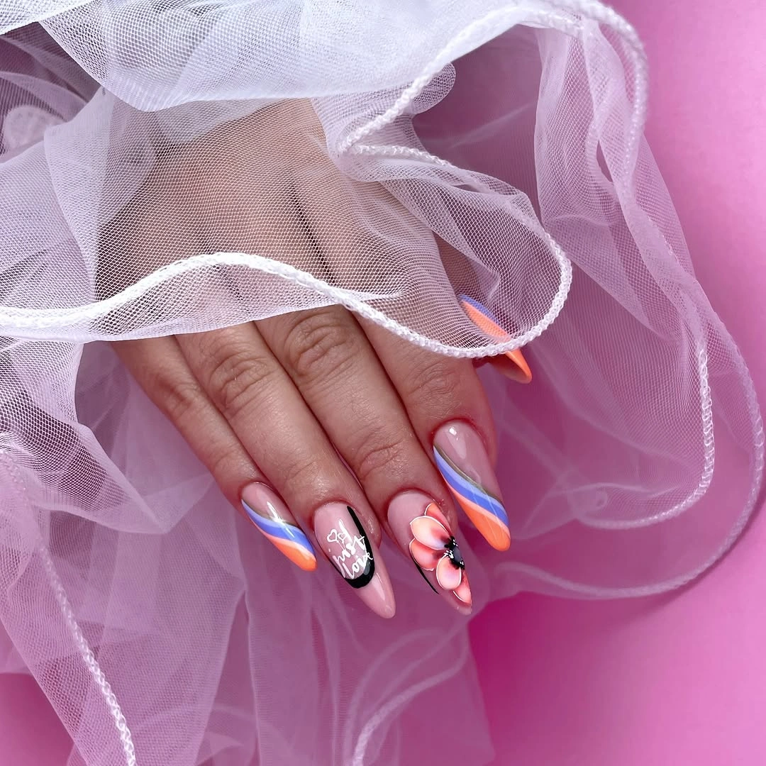 august nails color 2026 Sunset Swirls with Tropical Floral Art