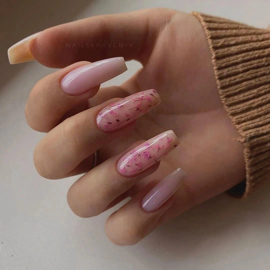 august nails color 2026 Soft Pink Botanical Nails That Welcome the Changing Season