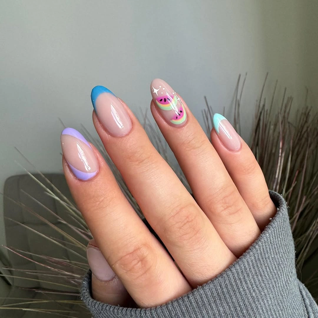 august nails color 2026 Pastel Rainbow French Tips with a Playful Twist