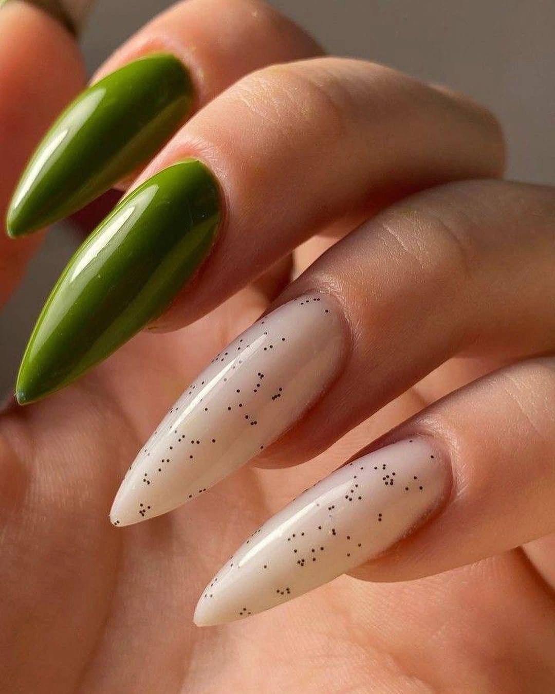 august nails color 2026 Fresh Olive Green with Minimal Speckled Neutrals