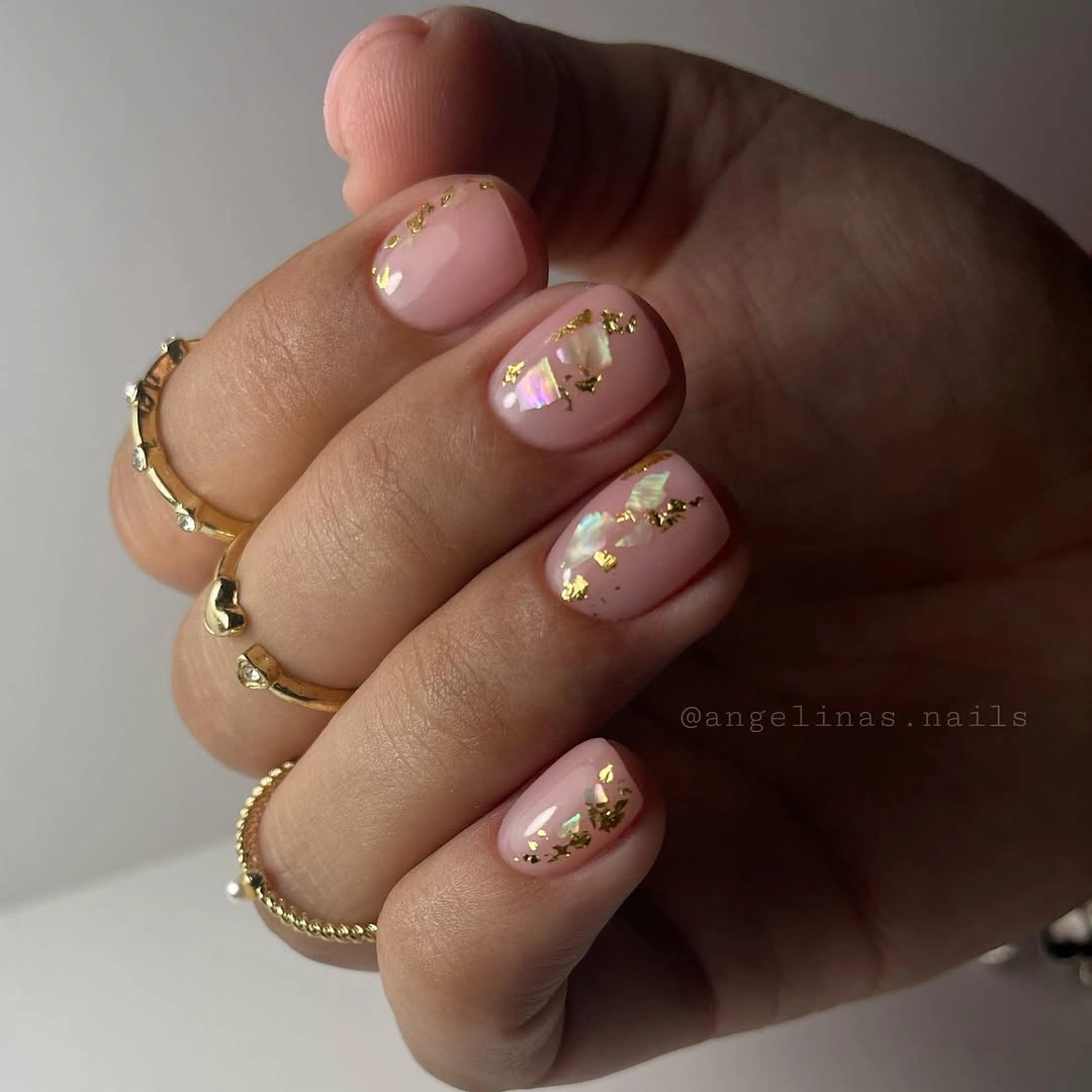august nails color 2026 Soft Blush Nails with Gold Foil Elegance