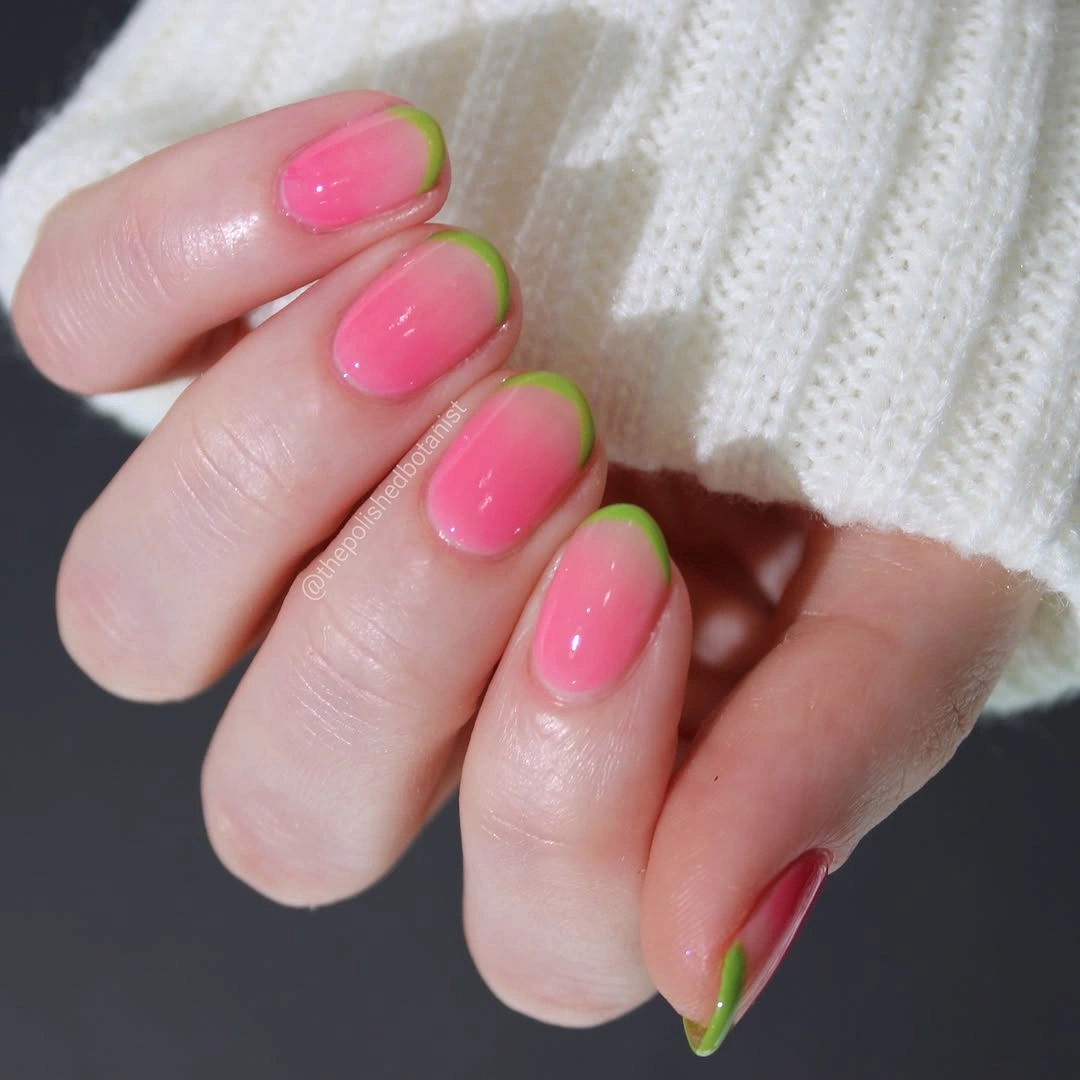 august nails ideas 2026 Pink and Lime Micro French for Everyday Summer Style