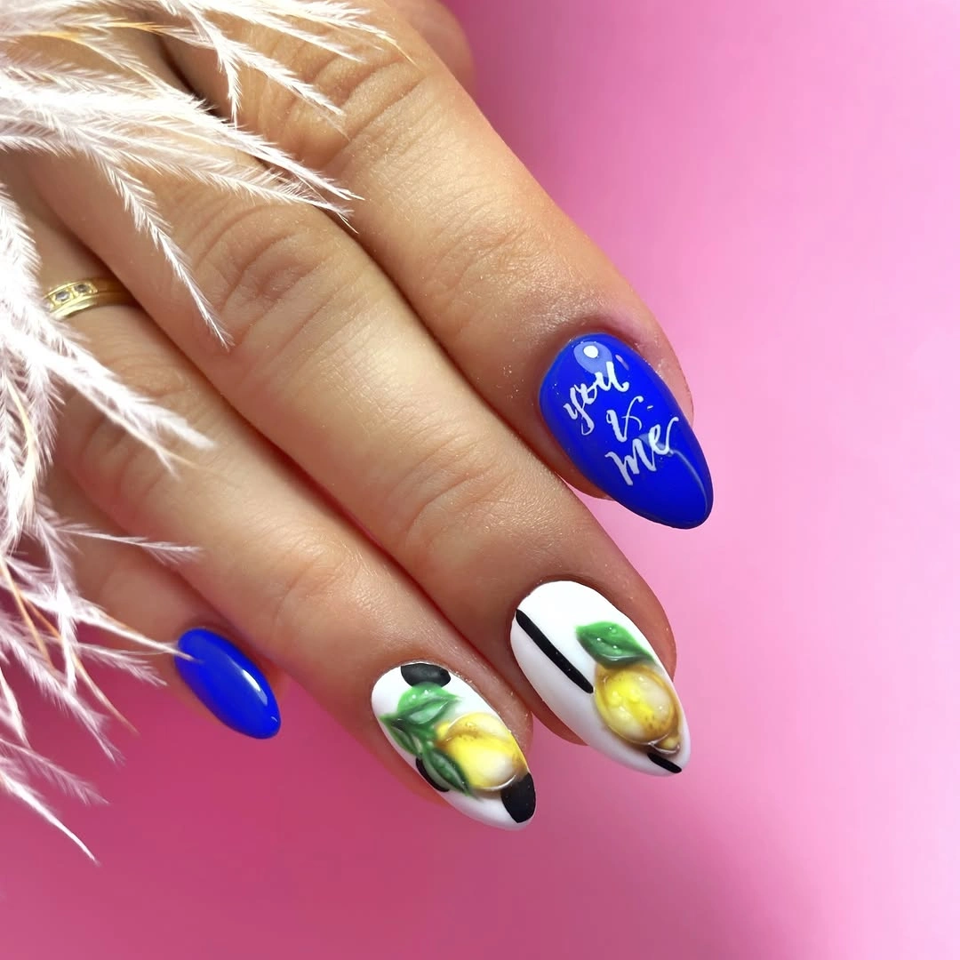 august nails ideas 2026 Bold Lemon and Cobalt Nails With Mediterranean Energy
