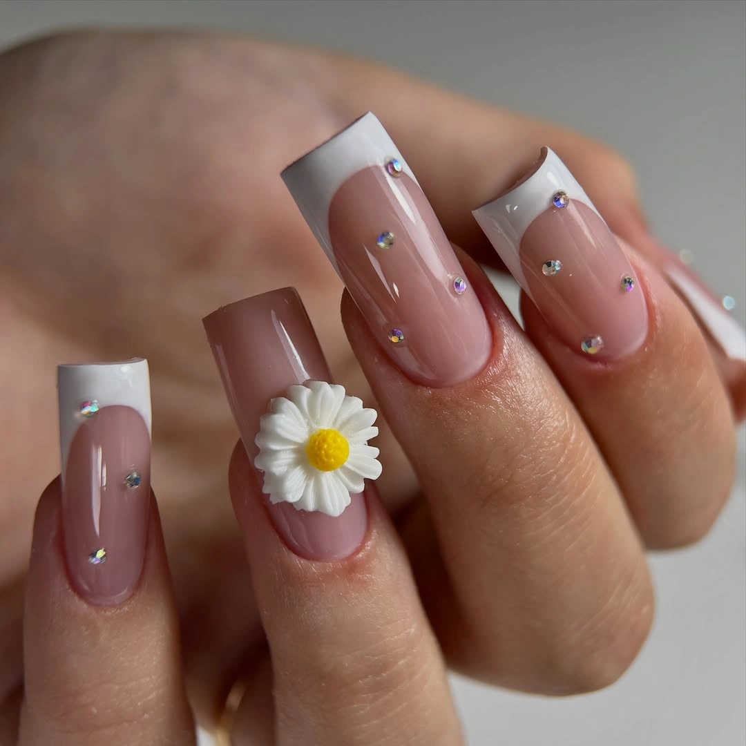 august nails ideas 2026 Modern Daisy French Tips With Soft Glamour