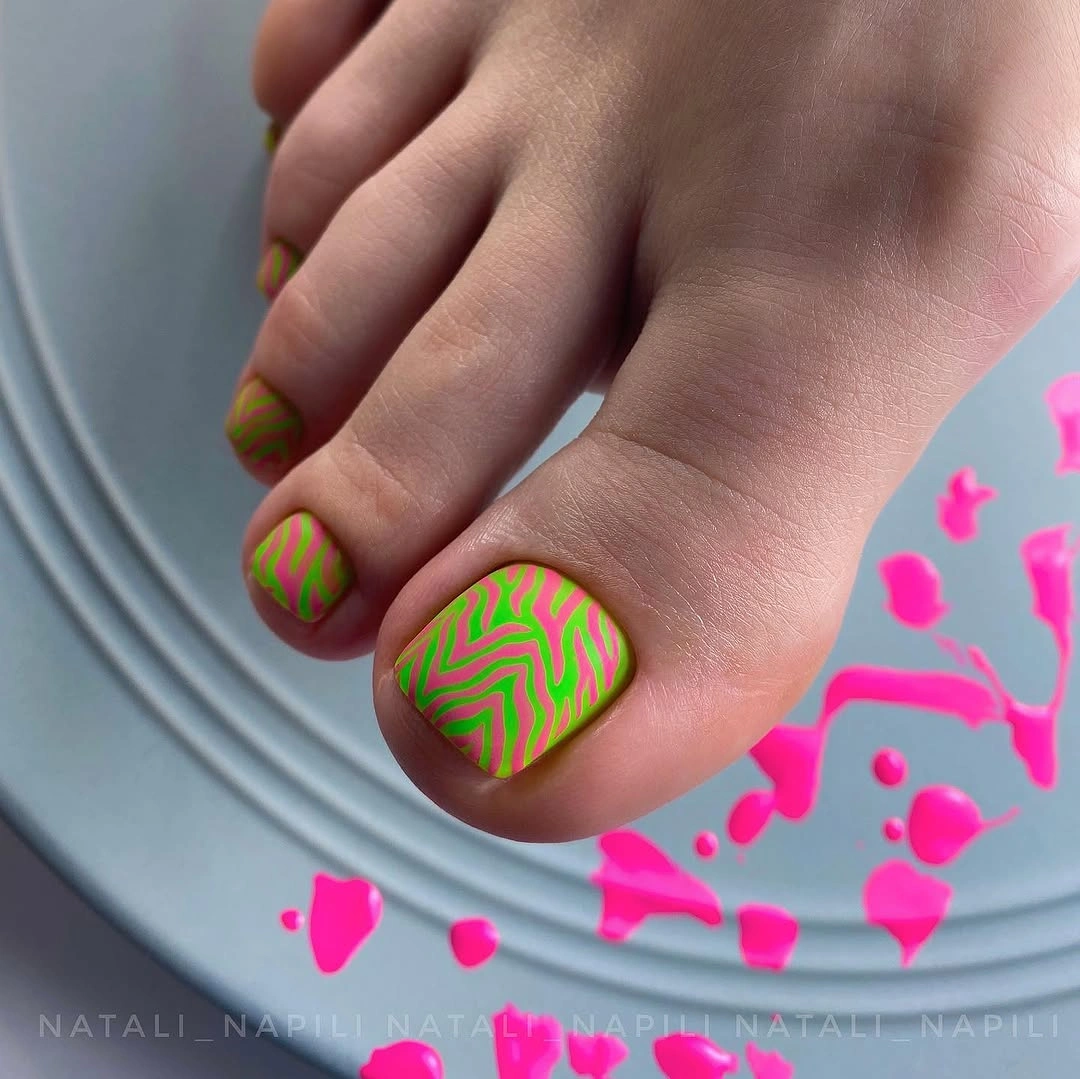 august pedicure nails ideas 2026 Neon Zebra Waves That Instantly Brighten August