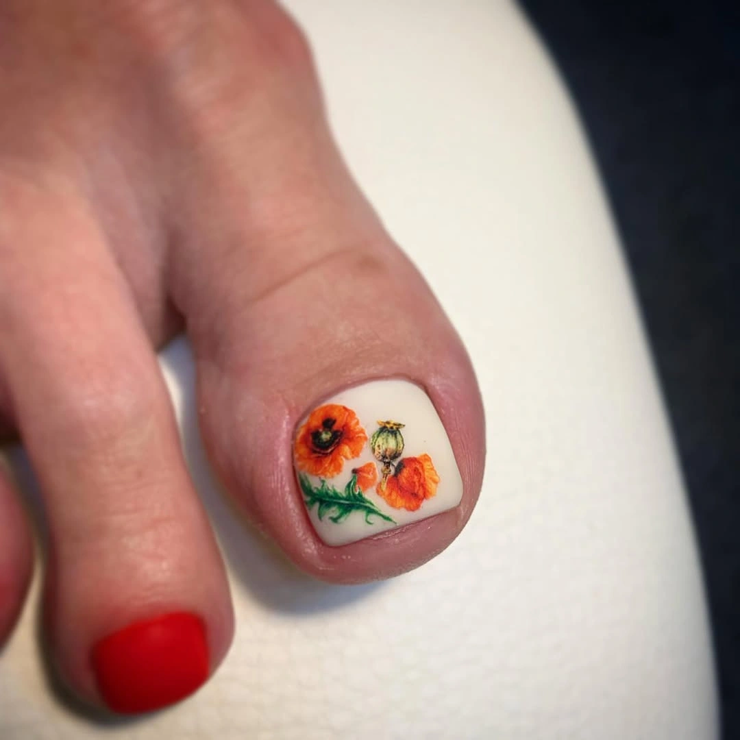 august pedicure nails ideas 2026 Delicate Poppy Art With a Summer Garden Feel