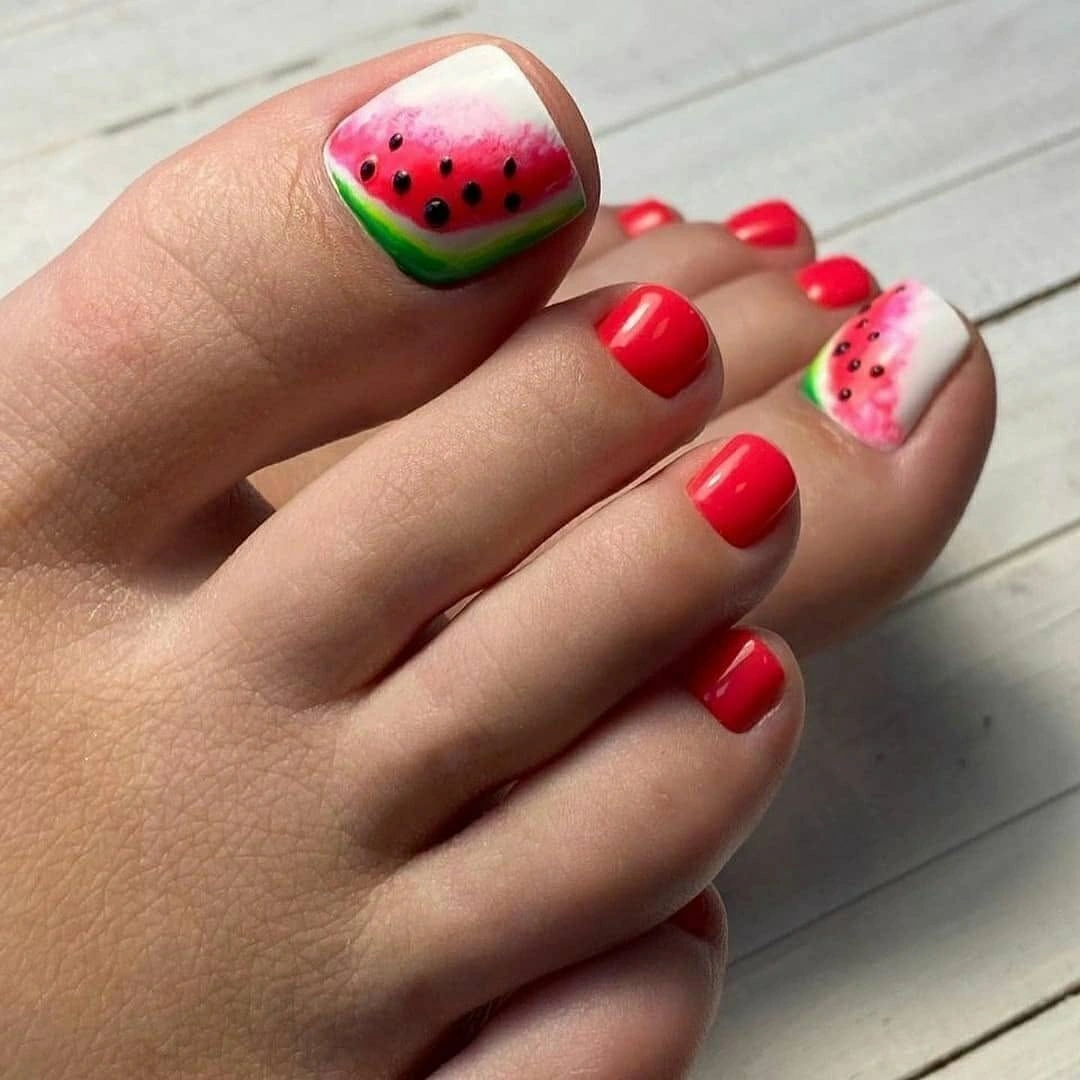 august pedicure nails ideas 2026 Juicy Watermelon Pedicure That Feels Like Peak Summer
