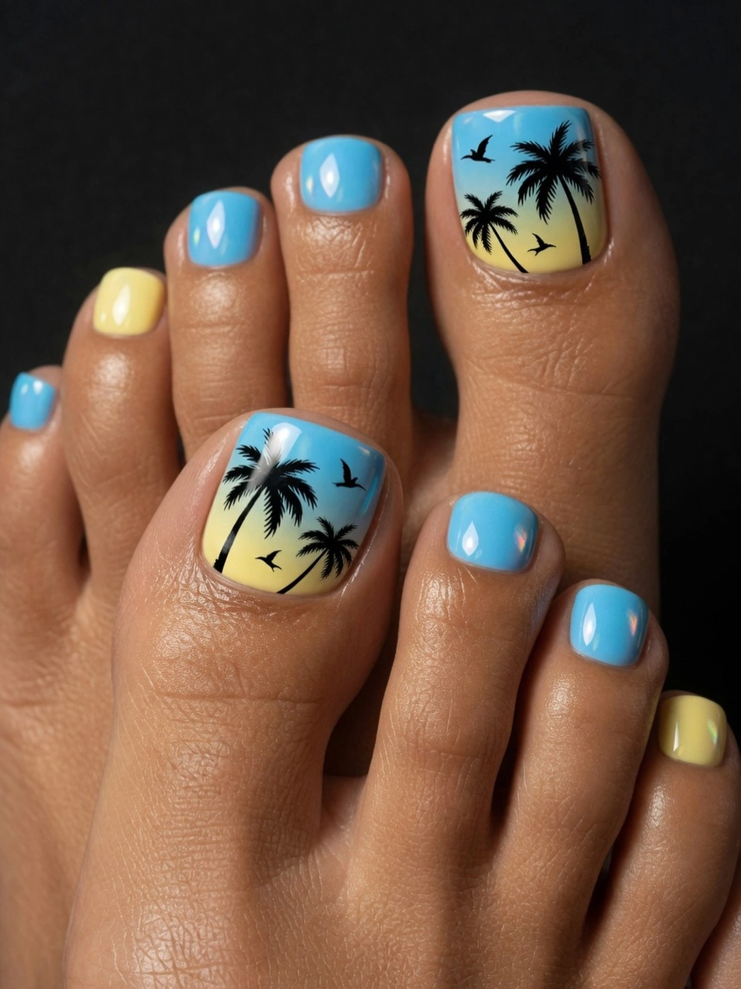 august toe nails 2026 Sky Blue Tropical Escape with Palm Tree Details