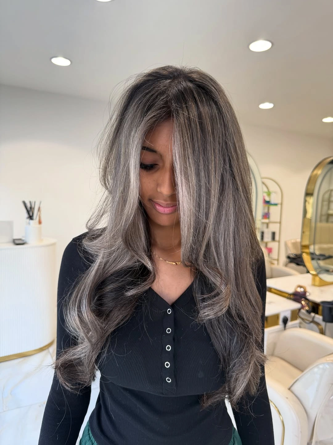 babylights hair ideas Cool Smoky Brunette with Face-Framing Brightness