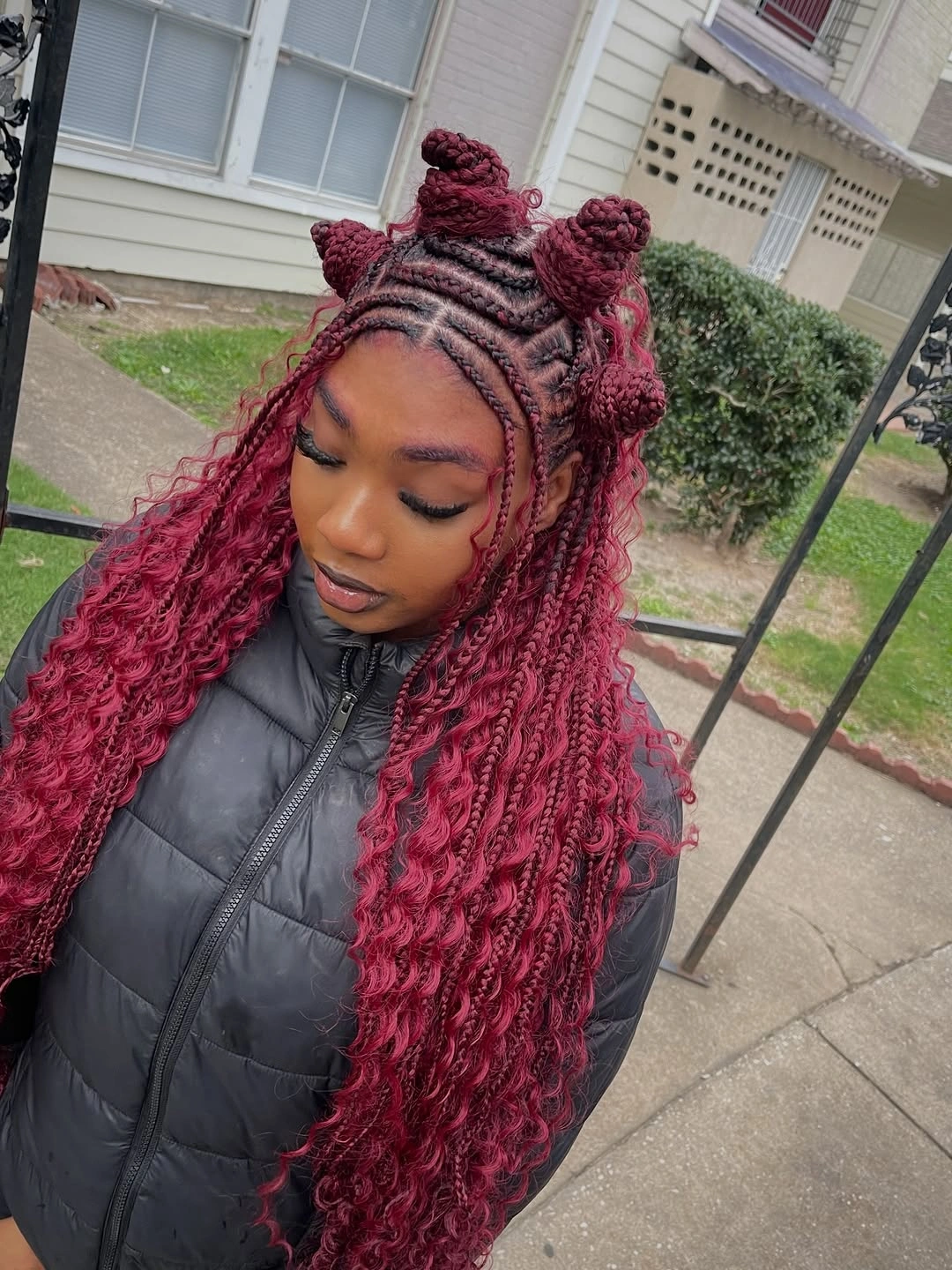 bantu knots hairstyles Burgundy Curly Bantu Knots with Statement Braids