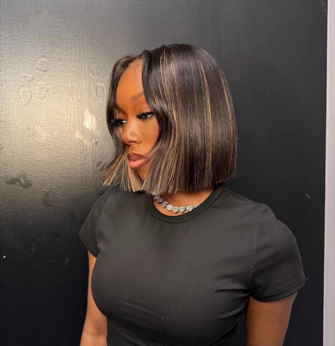 bob hairstyles for black women Highlighted Middle-Part Bob With Blunt Ends