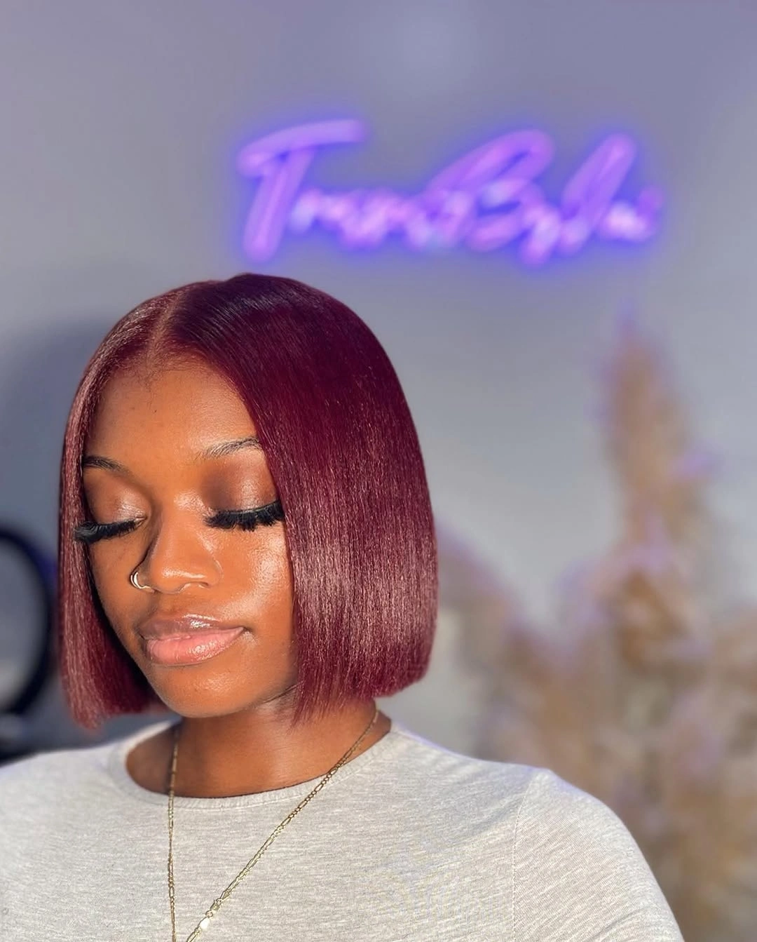 bob hairstyles for black women Burgundy Blunt Bob With Center Balance
