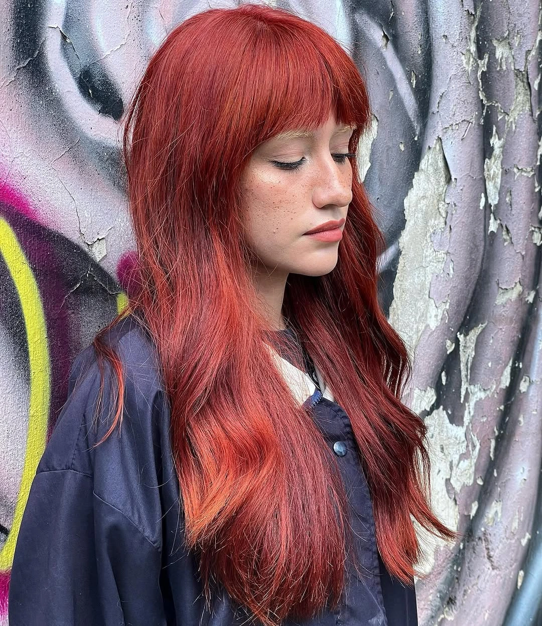 body waves hairstyle Soft Auburn Waves with Wispy Fringe