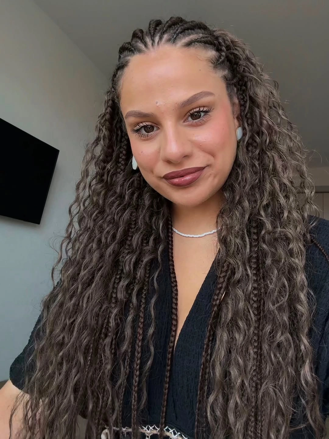 bora bora braids hairstyle Soft Ash Brown Waves with Lightweight Braided Detail