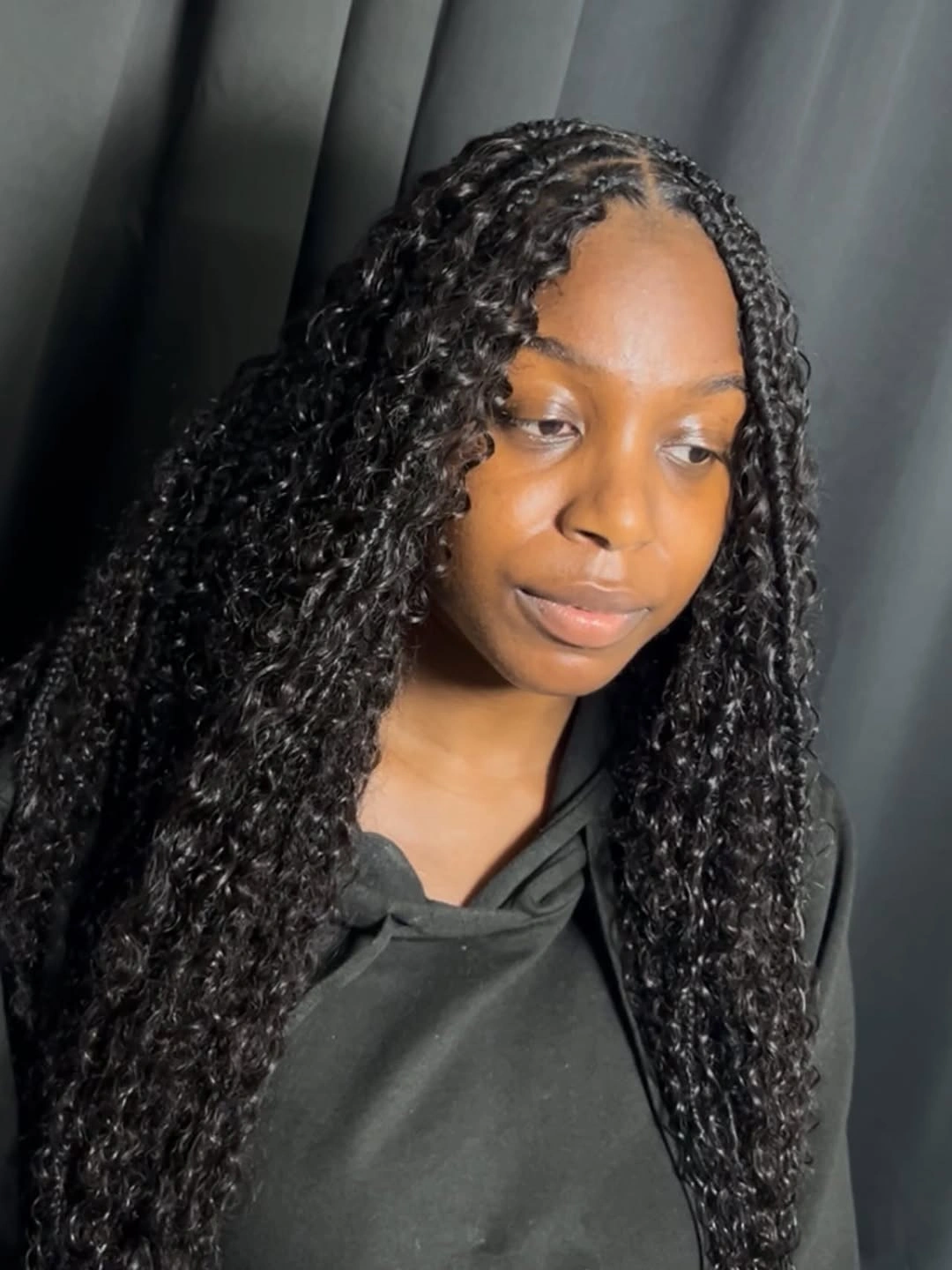 bora bora braids hairstyle Classic Midnight Curls with a Clean Center Part
