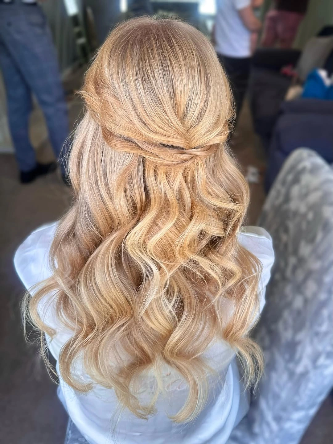 bridesmaid hairstyling Soft Twisted Half-Up Waves with Romantic Blonde Dimension