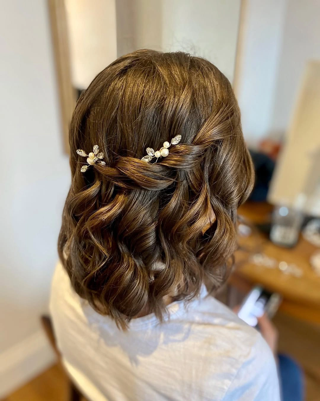bridesmaid hairstyling Soft Twisted Half-Up Waves for Shoulder-Length Hair