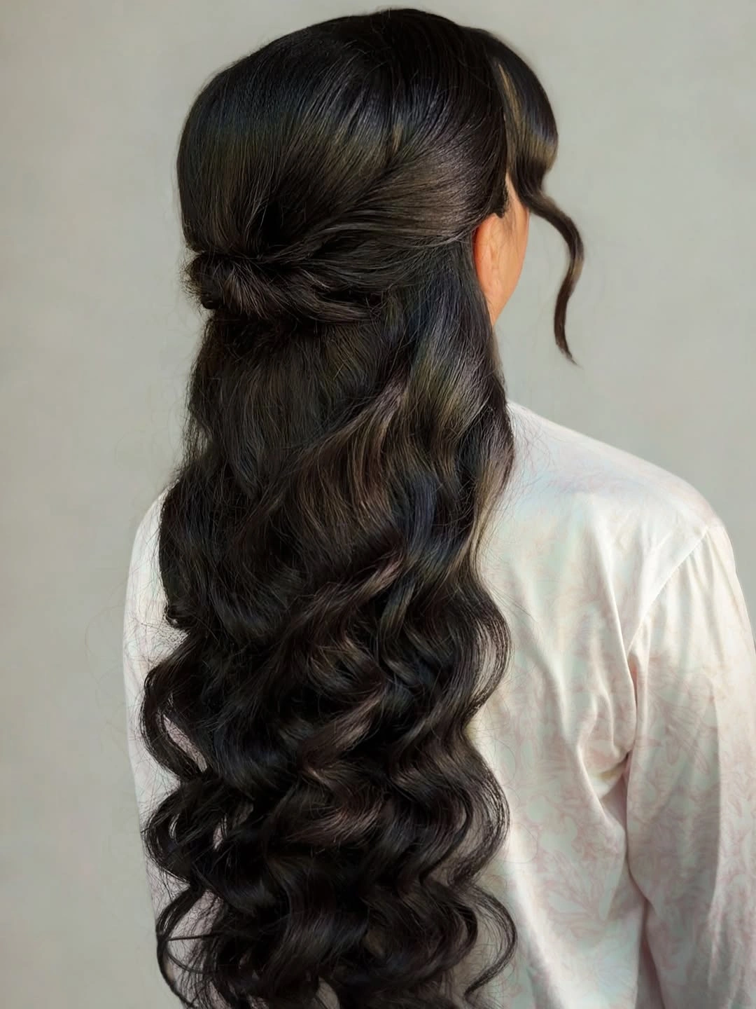 bridesmaid hairstyling Dark Hollywood Waves with a Relaxed Half-Up Twist