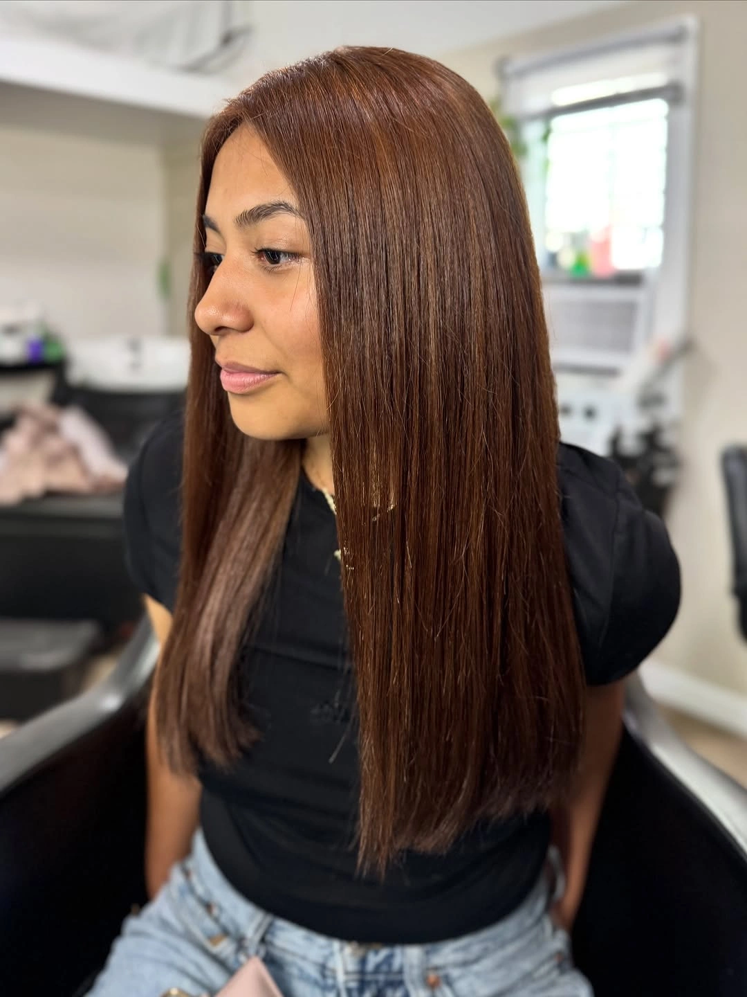 chestnut brown hair color Sleek Straight Length In Glossy Chestnut