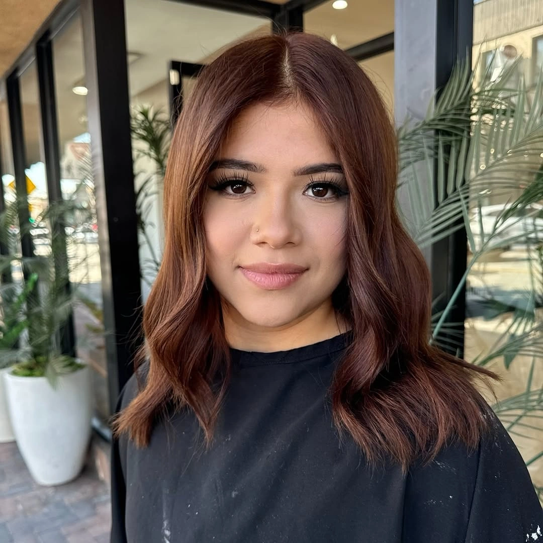 chestnut brown hair color Shoulder-Length Chestnut Waves With Center Part