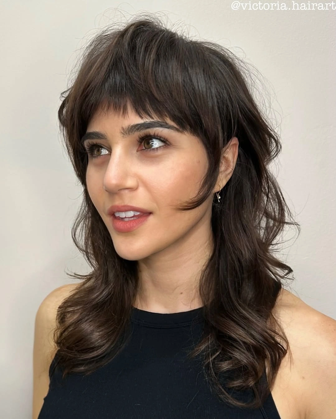 choppy medium layered hair Glossy Chocolate Layers With Soft Curved Fringe