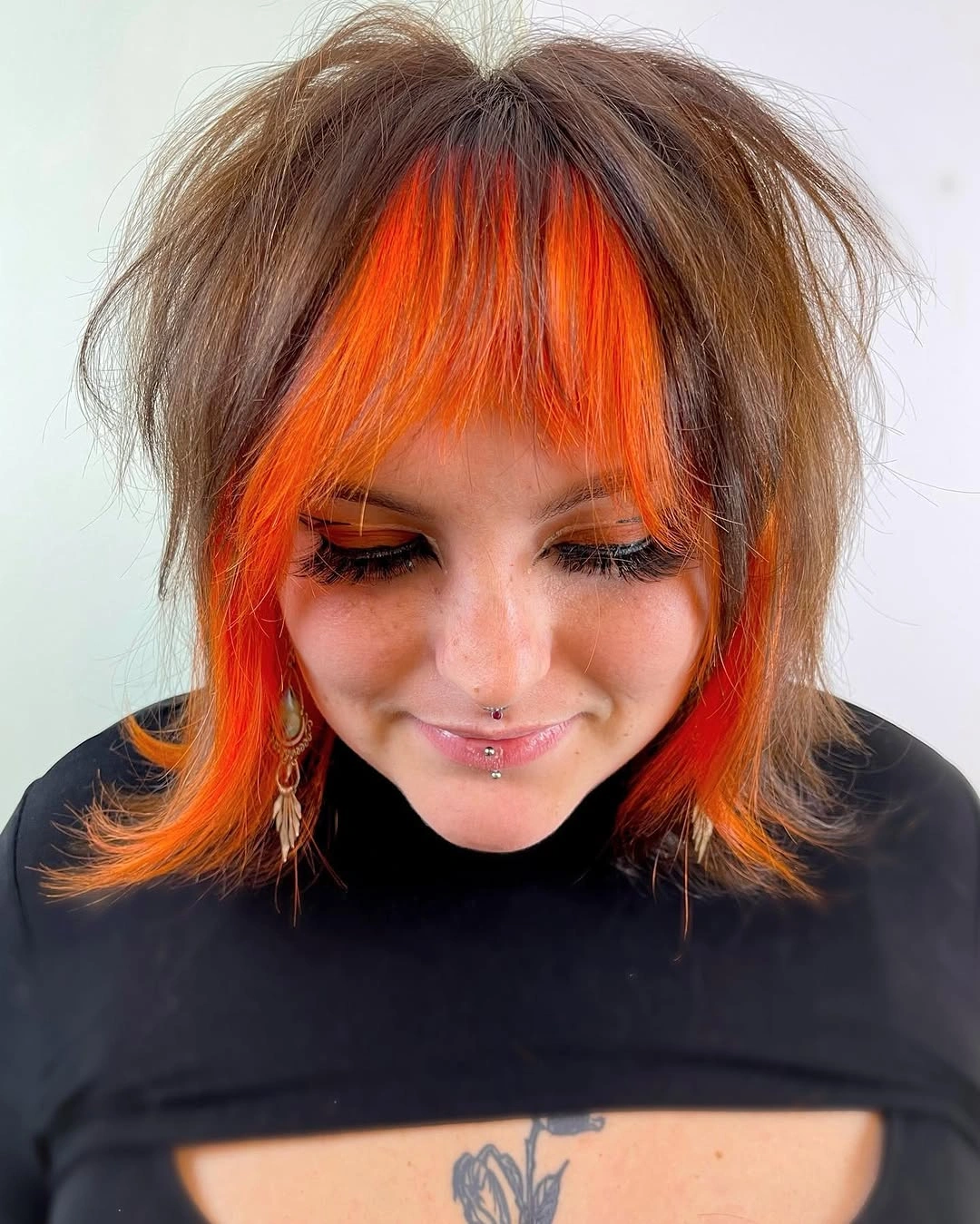 choppy medium layered hair Electric Tangerine Money Piece With Choppy Layers