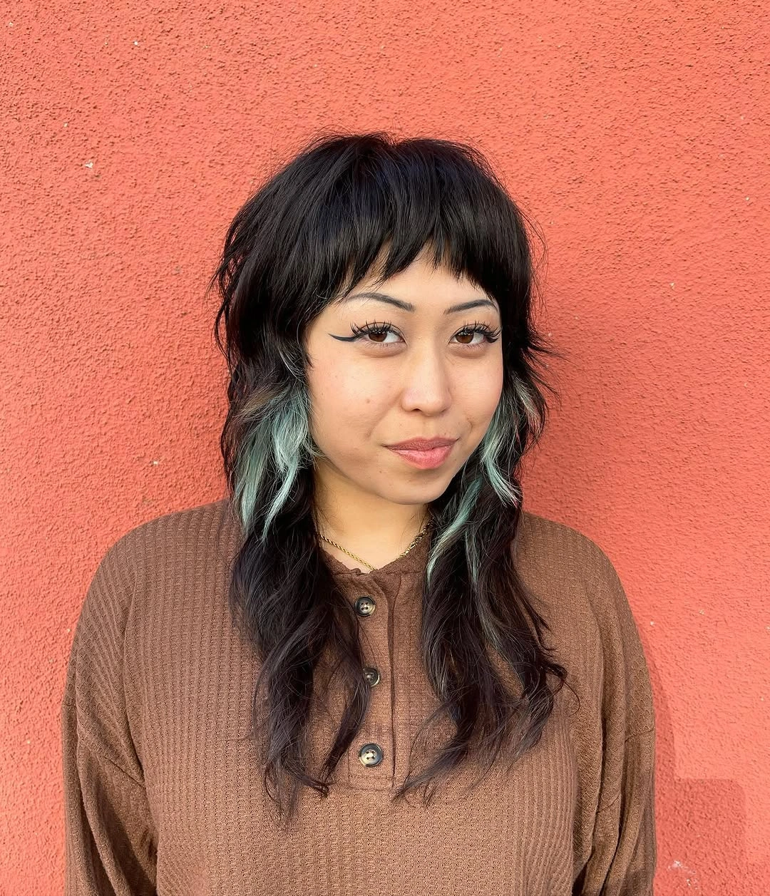 choppy medium layered hair Soft Raven Shag With Hidden Mint Accents