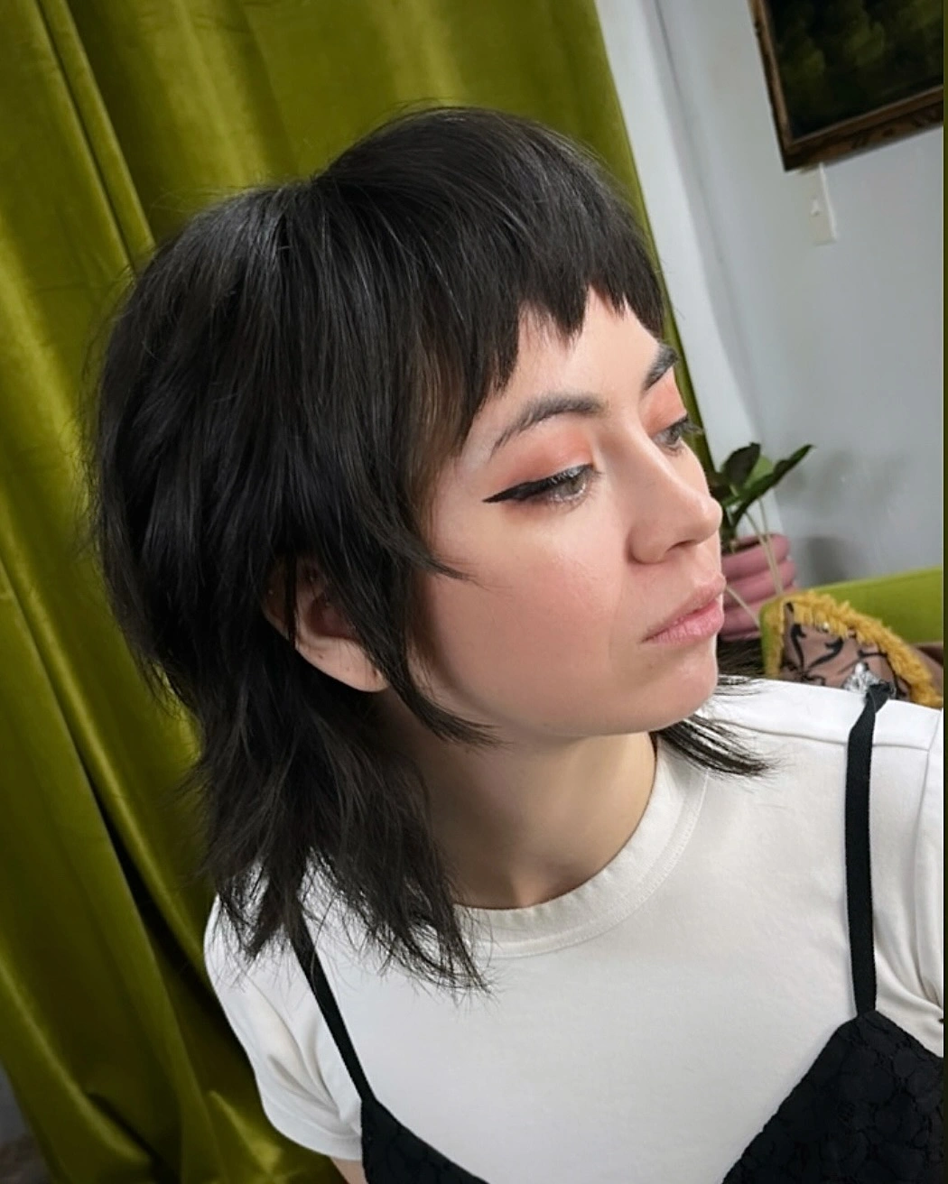 choppy medium layered hair Mid-Length Raven Shag With Soft Tapered Layers