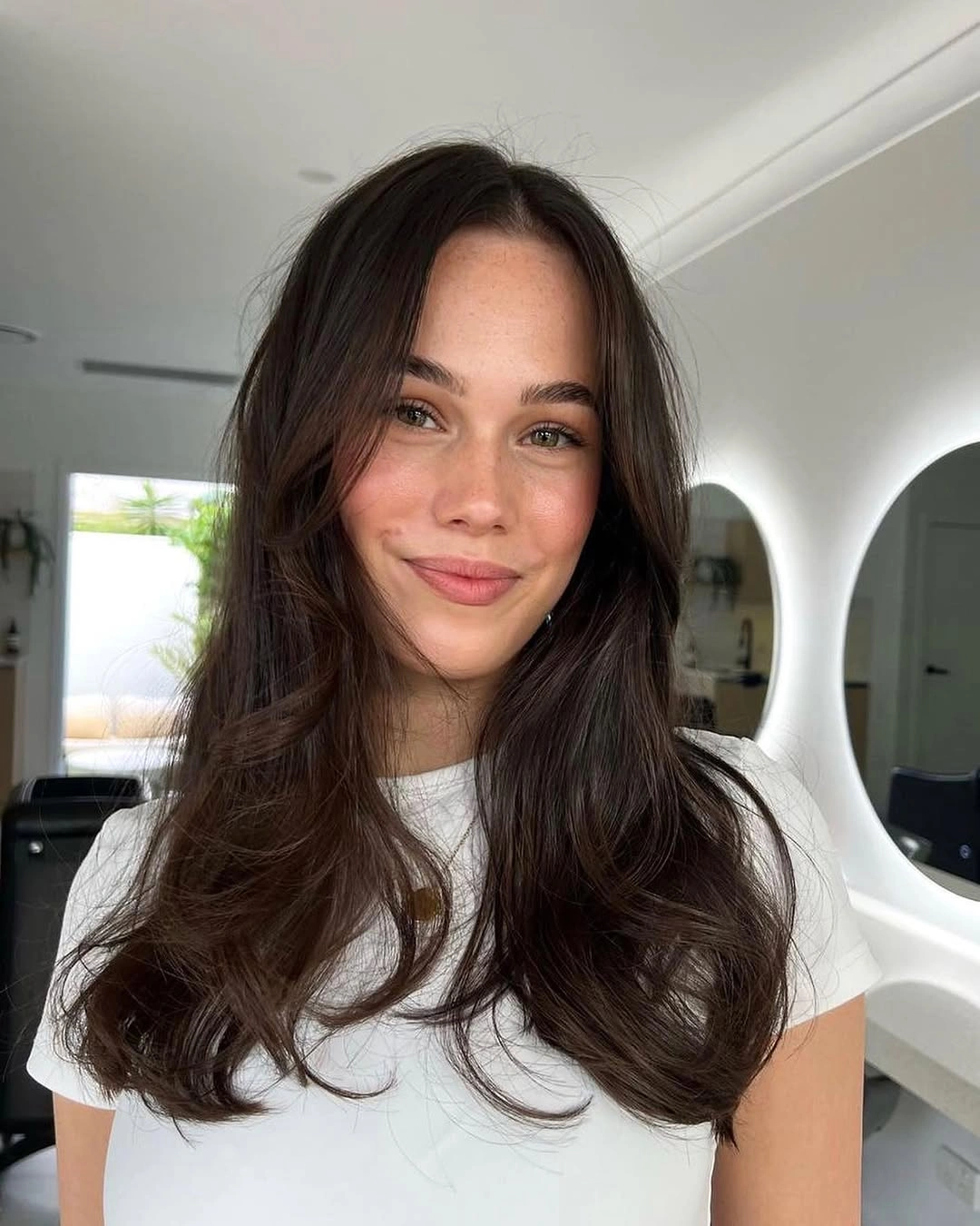 dimensional brunette hair color Soft Brunette Waves With A Center Part