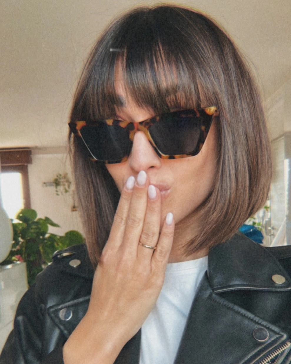 dimensional brunette hair color Glossy Brunette Bob With Full Straight Bangs