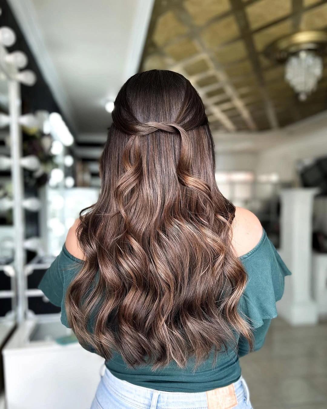 Fall brunette hair colour 2026 Soft Mocha Waves with an Elegant Half-Up Twist