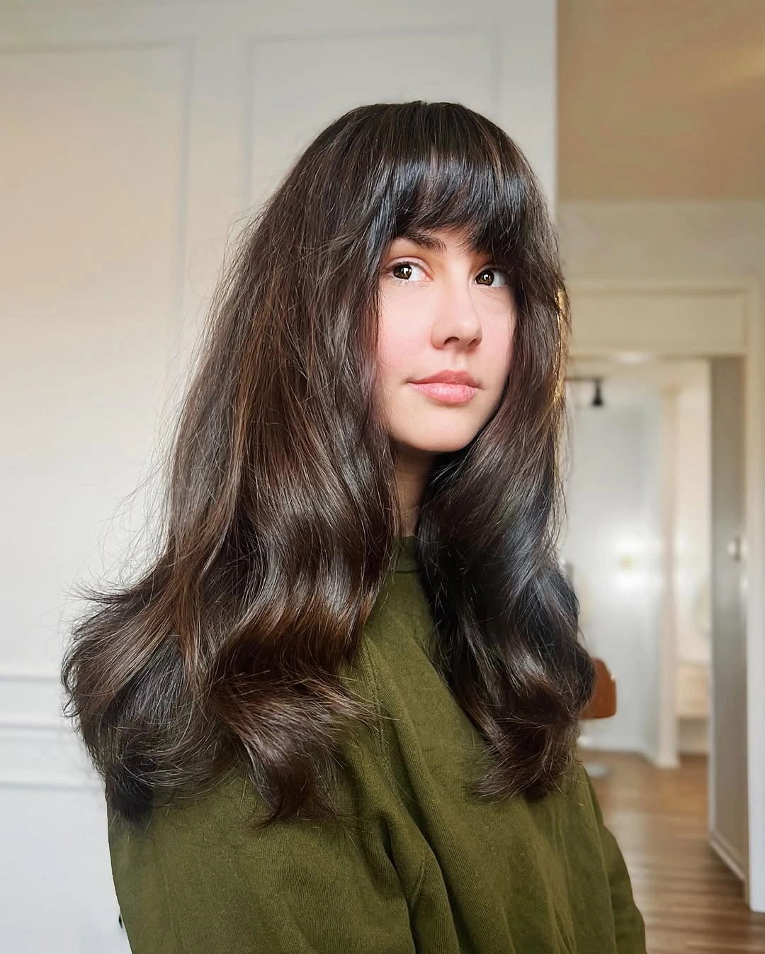 Fall brunette hair colour 2026 Deep Espresso Brunette with Full Curtain Fringe